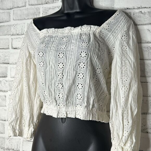 NWT Jolt Ivory Lantern Sleeve Blouse Crop Top Shirt Size Large - Picture 2 of 6